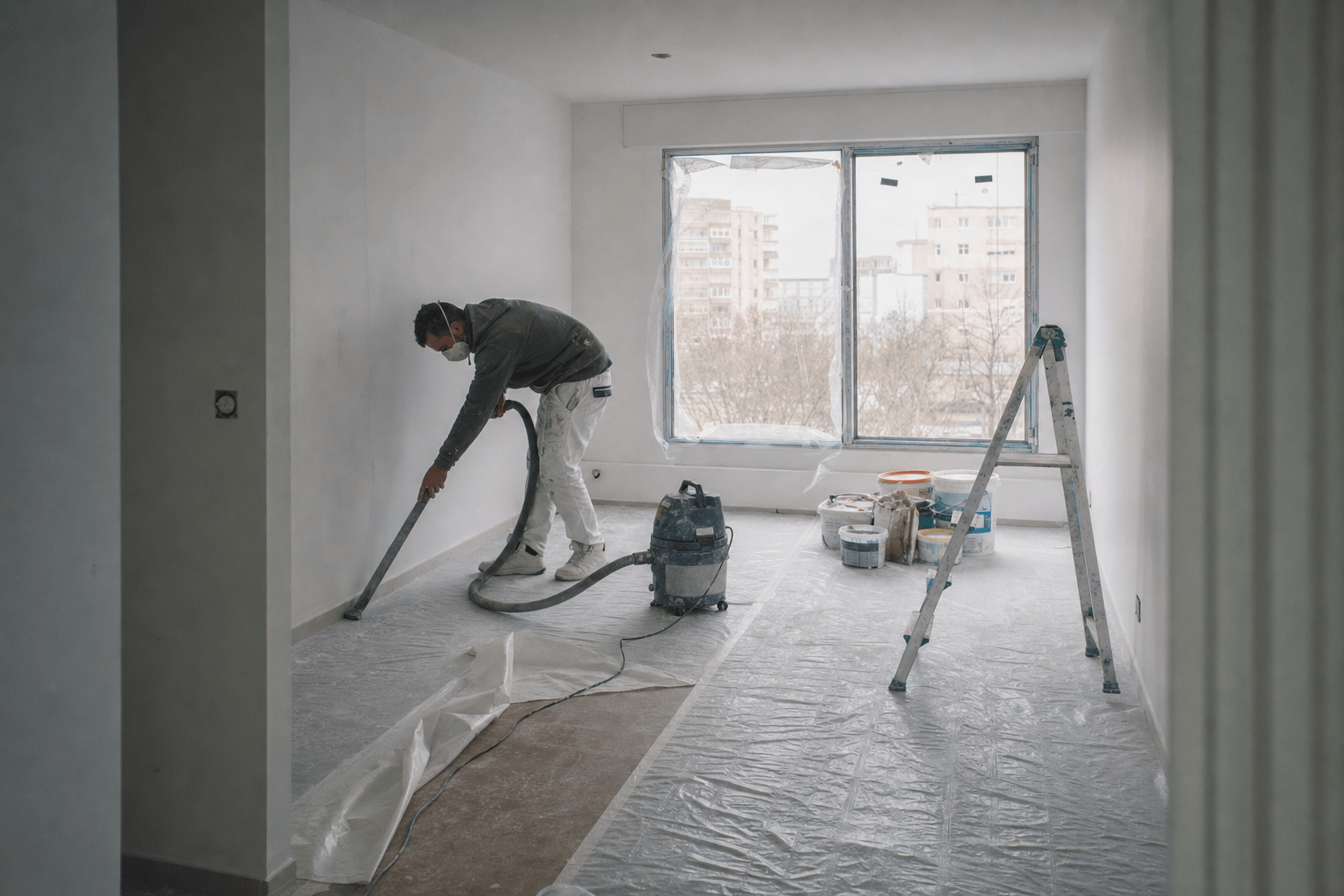 Appartement en fin de rénovation, film de protection, poussière de plâtre et aspirateur professionnel