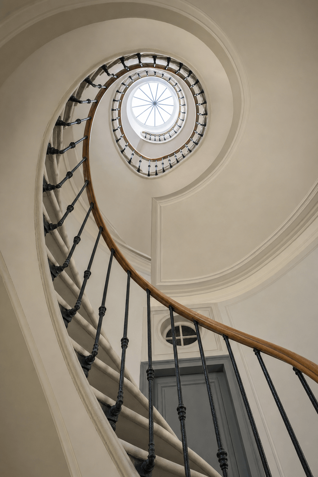 Cage d'escalier d'immeuble propre et lumineuse, rampe en bois ciré