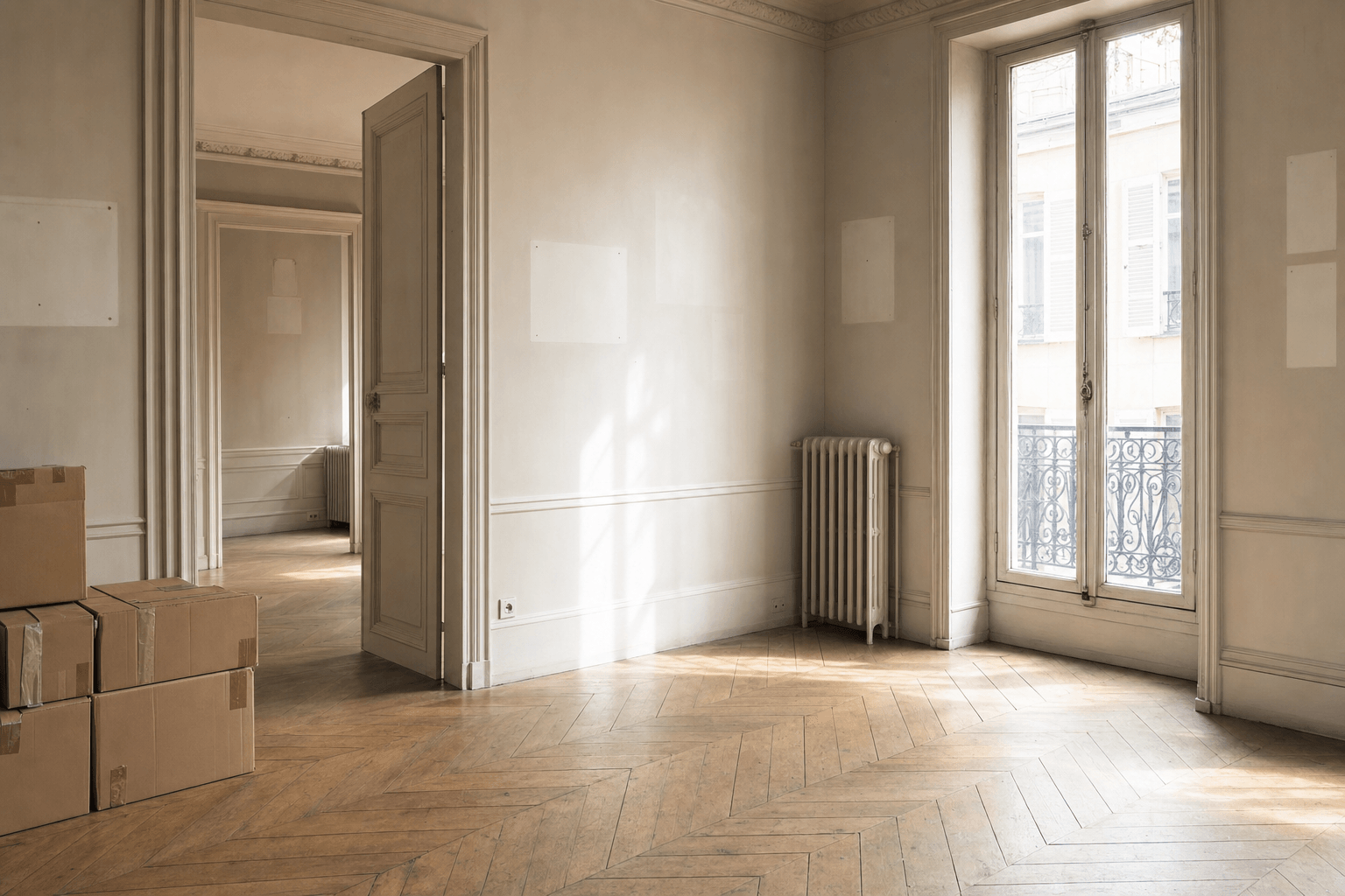 Appartement entièrement vidé après un débarras, parquet et lumière naturelle