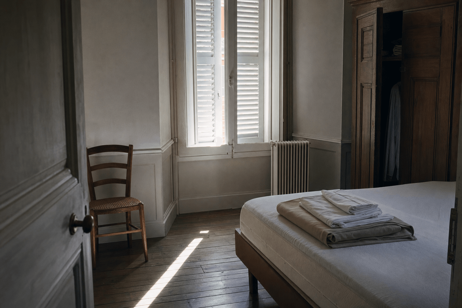 Chambre sobre aux volets mi-clos, draps pliés sur un lit nu, lumière filtrée