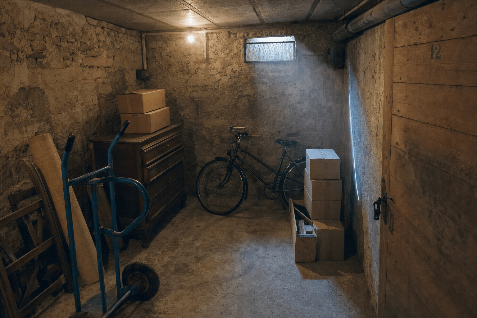 Cave d'immeuble encombrée de meubles et de cartons en cours de débarras, diable de manutention