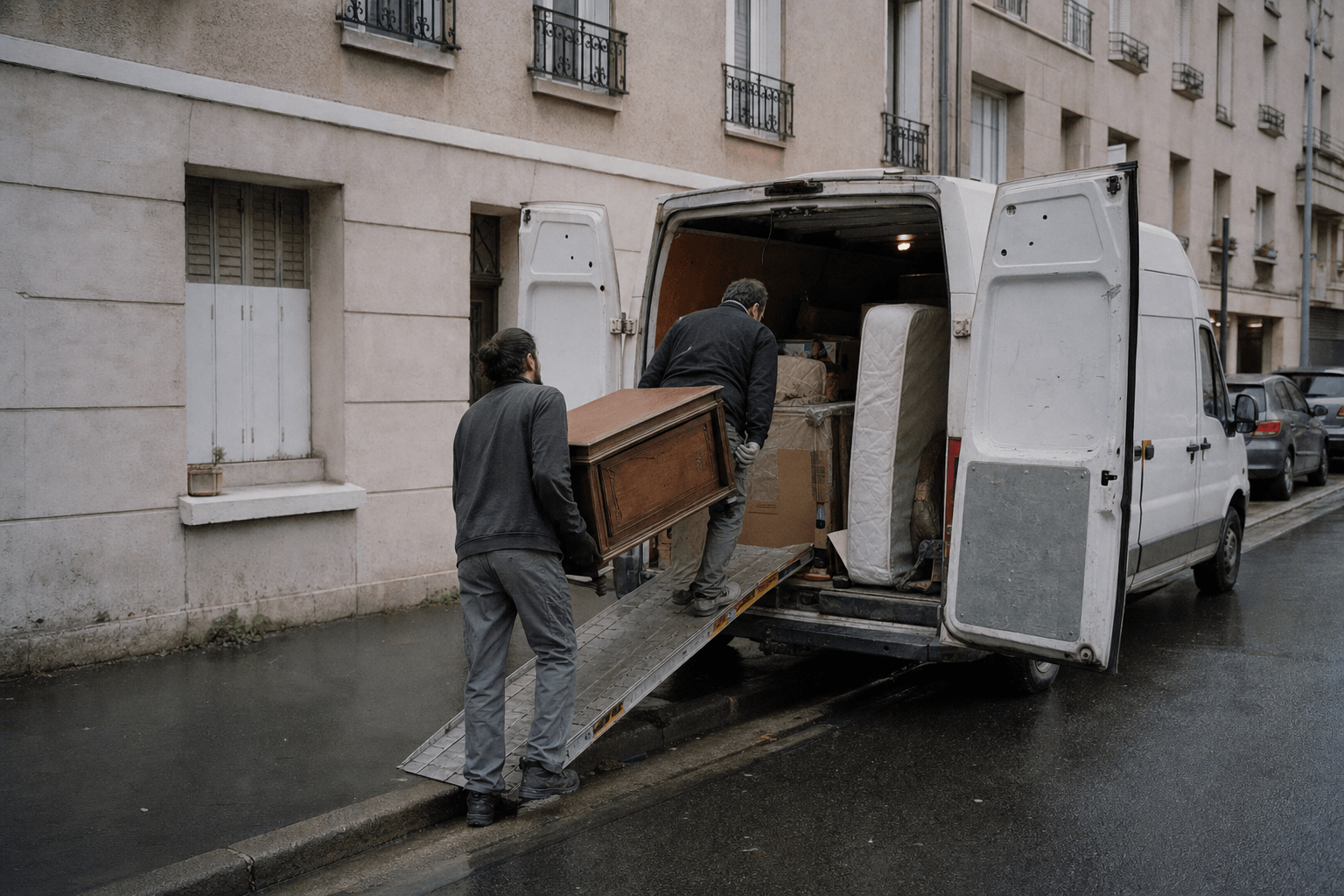 Utilitaire ouvert devant un immeuble, deux déménageurs de dos chargeant un buffet