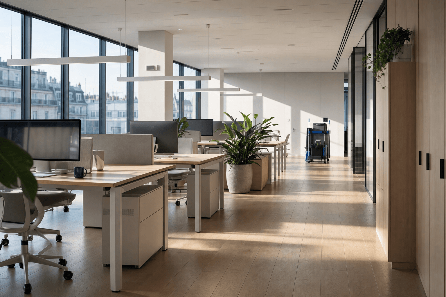 Plateau de bureaux vide et impeccable au petit matin