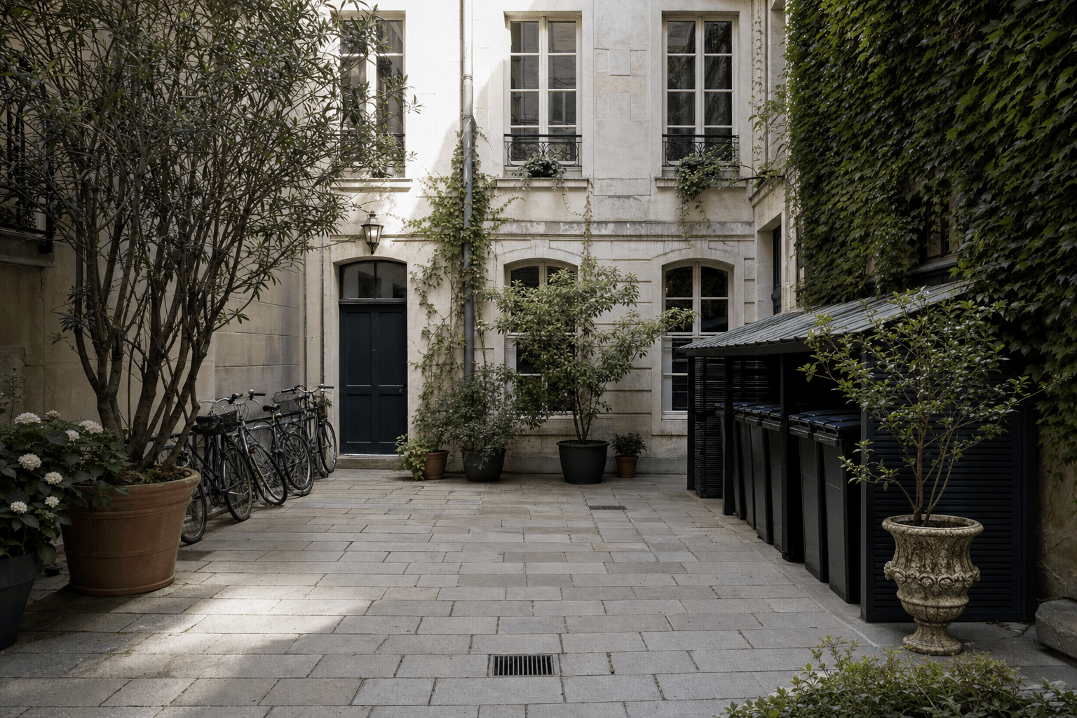 Cour intérieure d'immeuble entretenue, local et passage propres