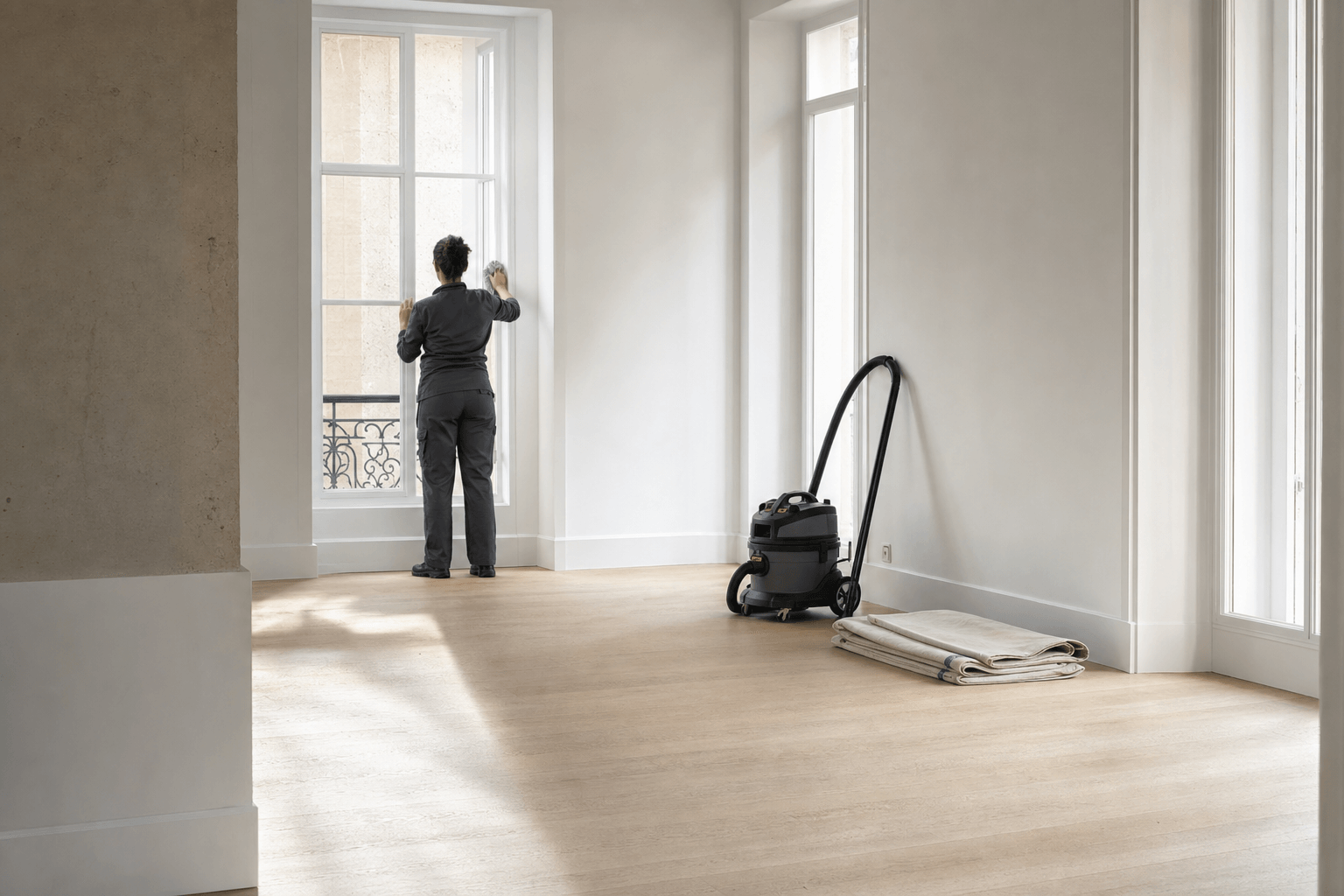 Appartement rénové en fin de travaux, professionnel de dos nettoyant une fenêtre