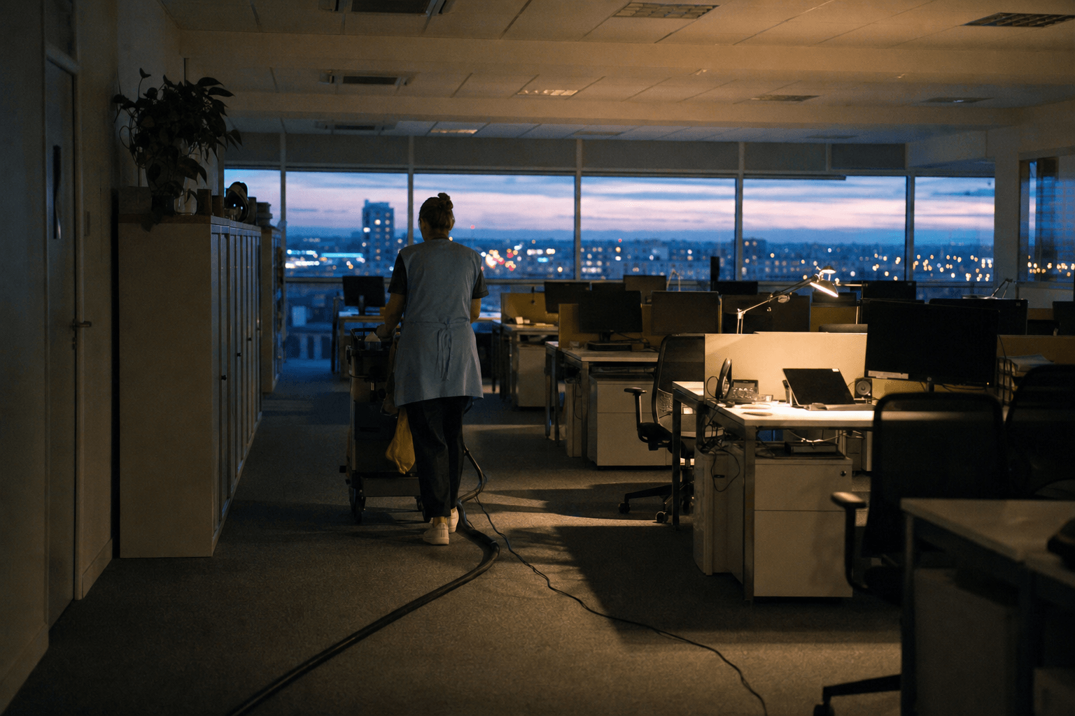 Plateau de bureaux le soir, chariot de nettoyage et agent de dos sous la lumière des lampes