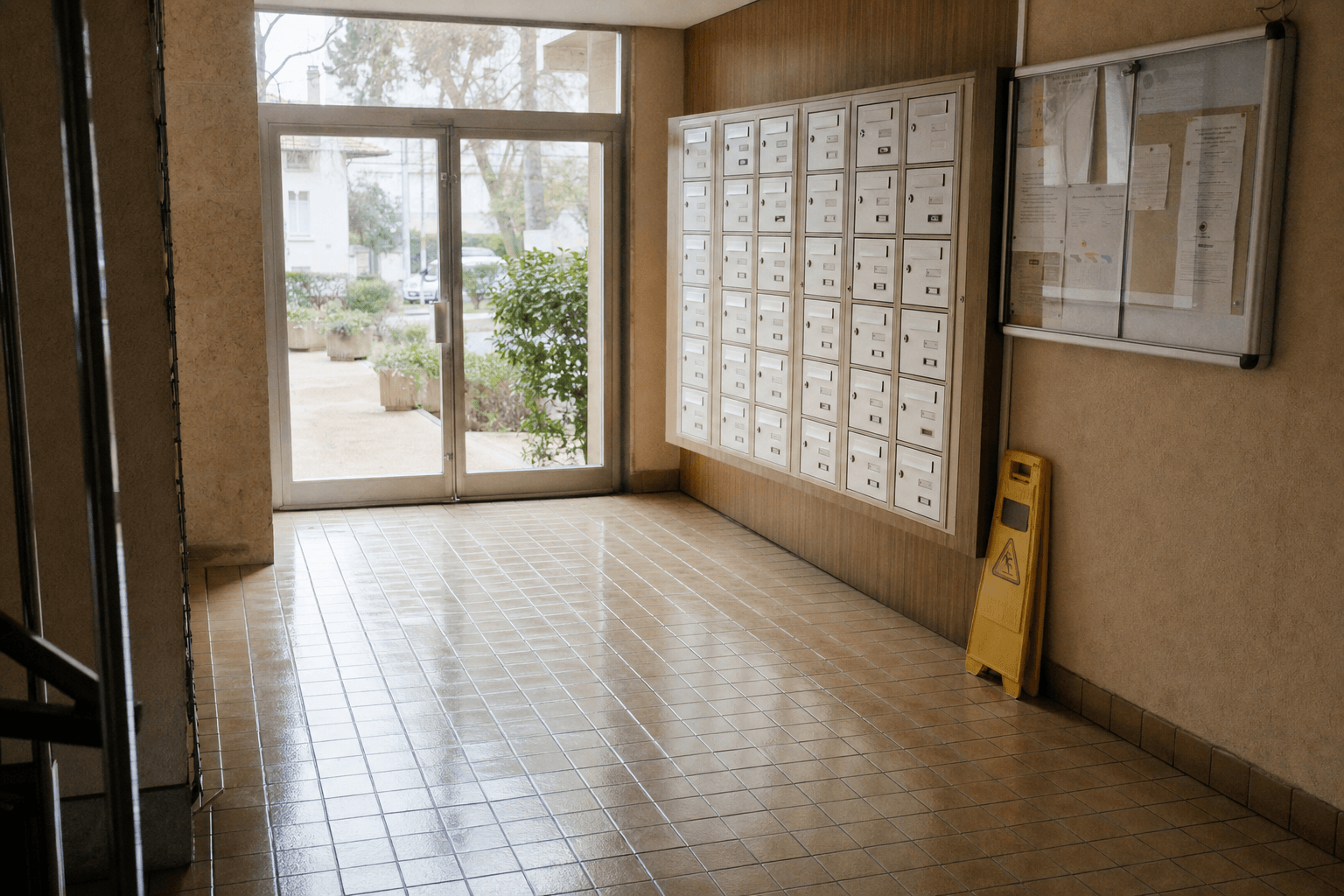 Hall d'entrée d'une résidence des années 1970, carrelage lavé, boîtes aux lettres et porte vitrée