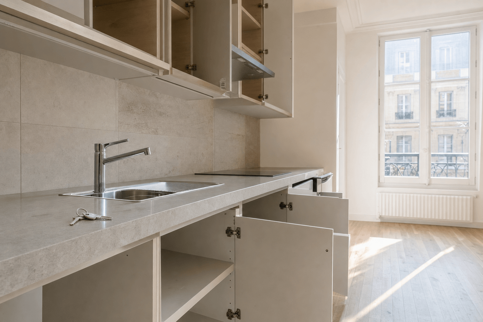 Cuisine d'un logement vide parfaitement nettoyée avant un état des lieux