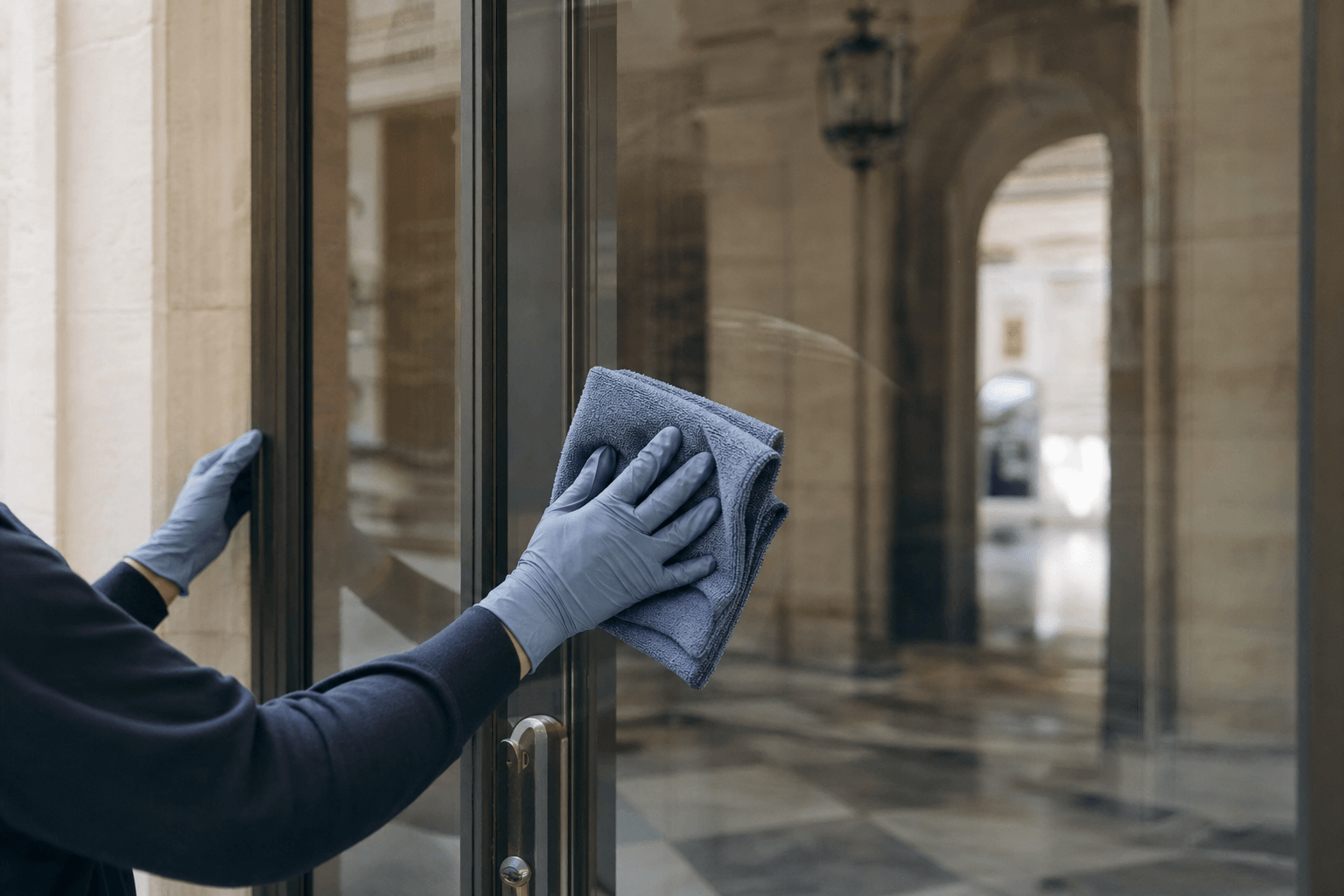 Mains gantées nettoyant une porte vitrée avec une microfibre