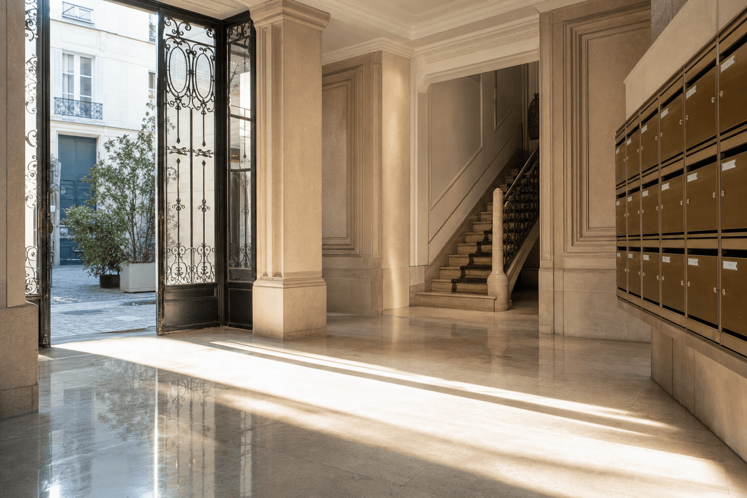 Hall d'entrée d'un immeuble parisien, sol en pierre fraîchement lavé, lumière du matin